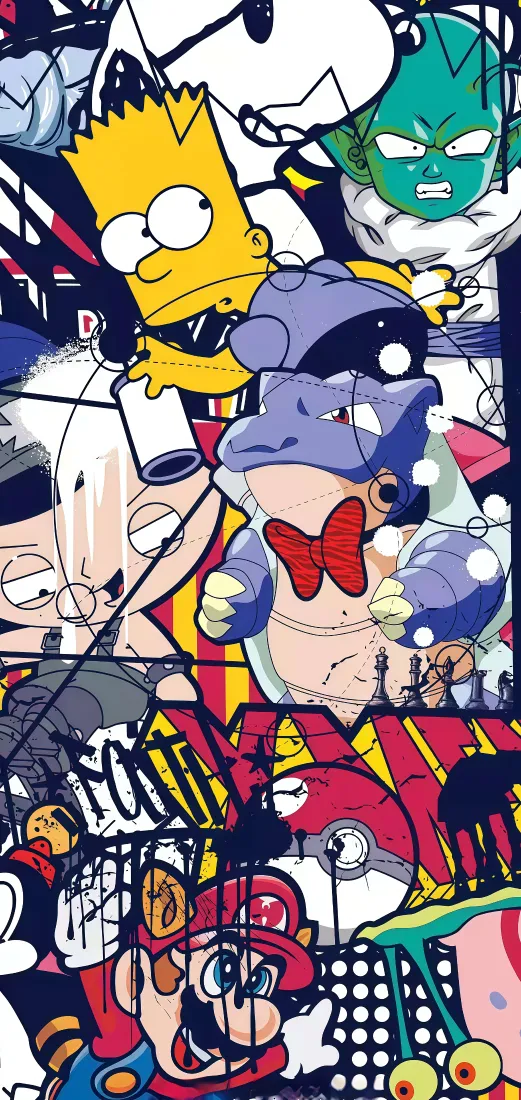 卡通角色混搭手机壁纸｜多彩背景 - 辛普森马里奥「哲风壁纸」