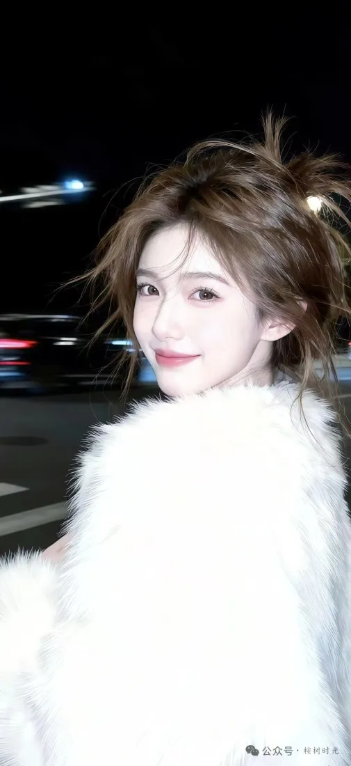 爱笑女生手机壁纸｜都市夜景 - 白毛绒外套「哲风壁纸」