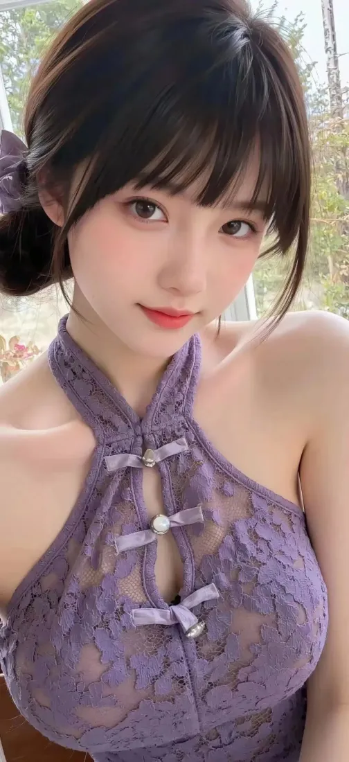 紫衣美女手机壁纸｜户外背景 - 旗袍蕾丝「哲风壁纸」