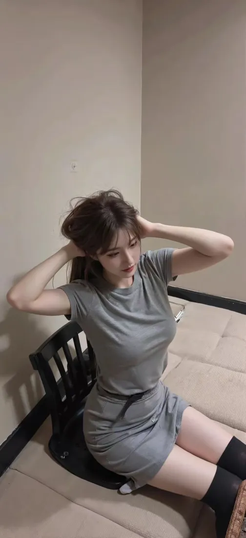 灰裙美女手机壁纸｜室内背景 - 黑袜「哲风壁纸」