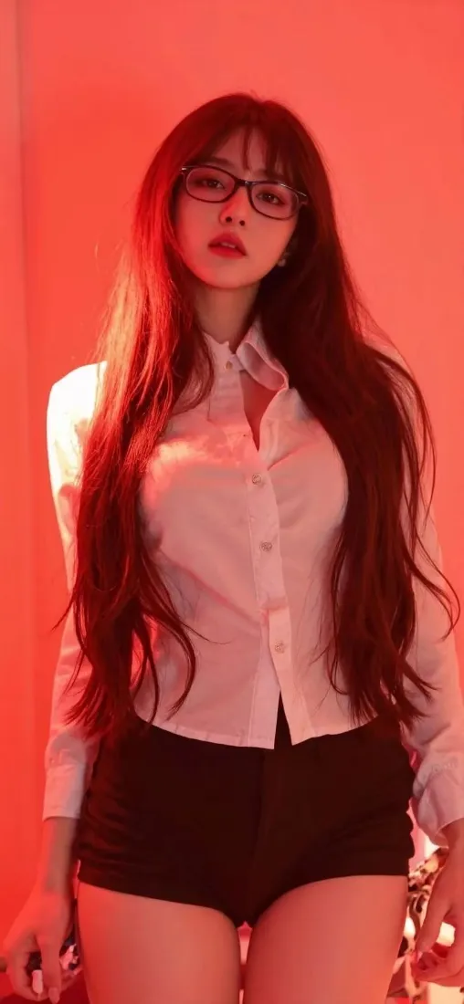 红衣美女手机壁纸｜红背景 - 衬衫短裤眼镜「哲风壁纸」