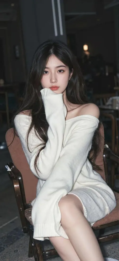 白衣美女手机壁纸｜室内背景 - 露肩毛衣「哲风壁纸」