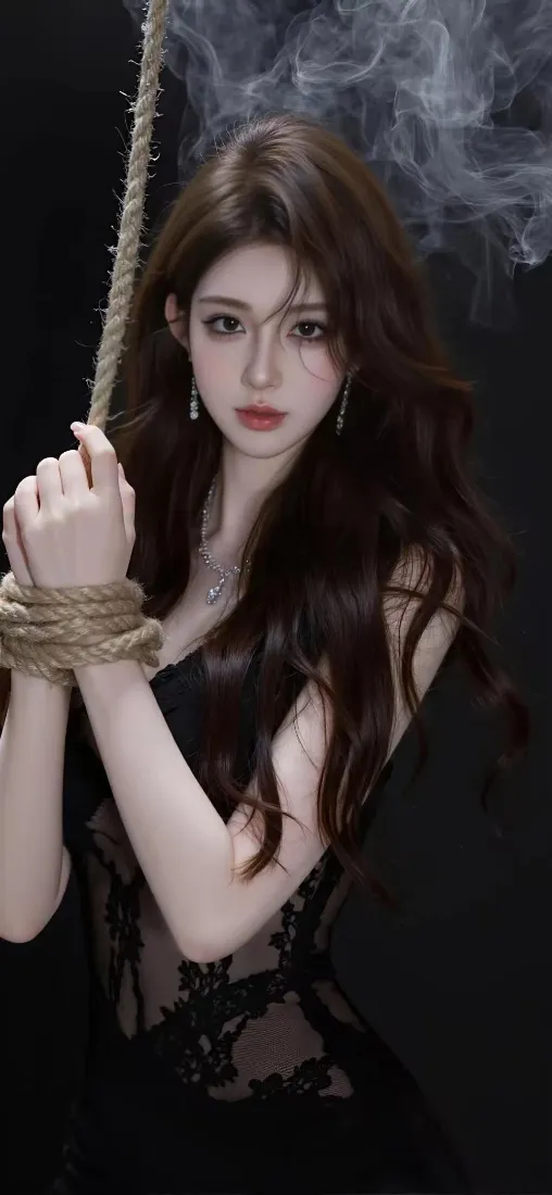 黑衣美女手机壁纸｜暗黑背景 - 绑绳红唇「哲风壁纸」