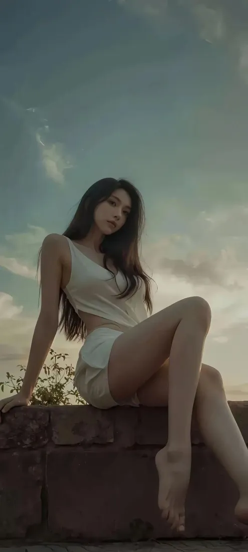 白衣美女手机壁纸｜天空背景 - 坐姿「哲风壁纸」