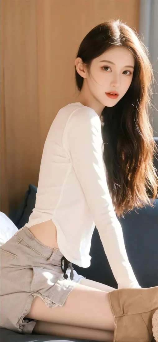 美女手机壁纸｜室内背景 - 白衣灰裤长袜「哲风壁纸」