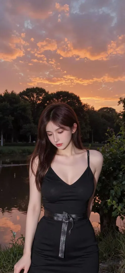 黑衣美女手机壁纸｜黄昏湖泊 - 晚霞「哲风壁纸」
