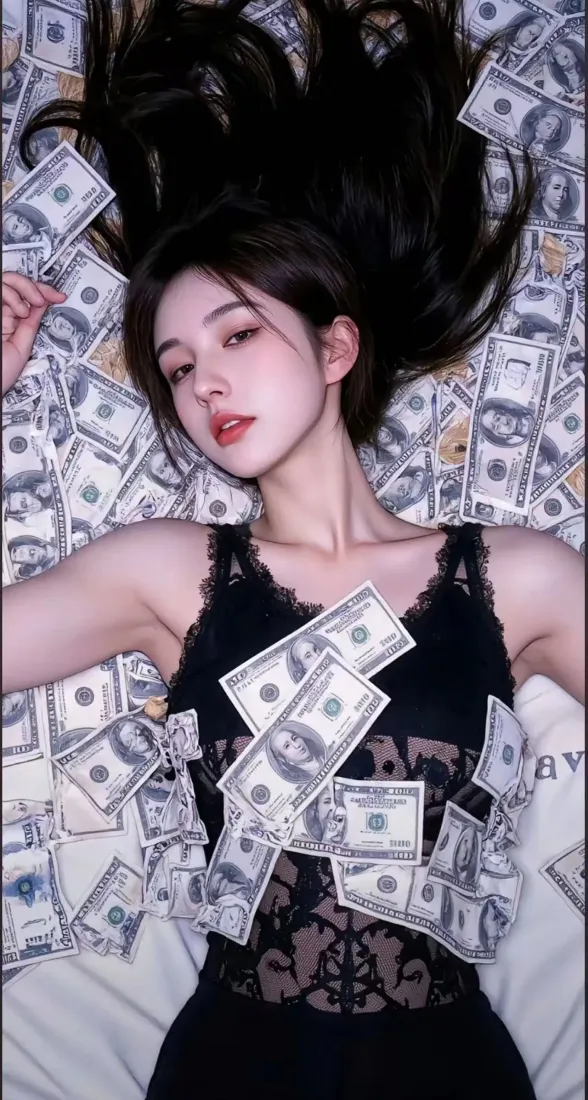 黑衣美女手机壁纸｜美元钞票背景 - 金钱氛围「哲风壁纸」