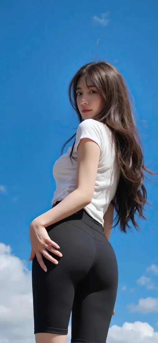 美女手机壁纸｜蓝天背景 - 紧身裤穿搭「哲风壁纸」