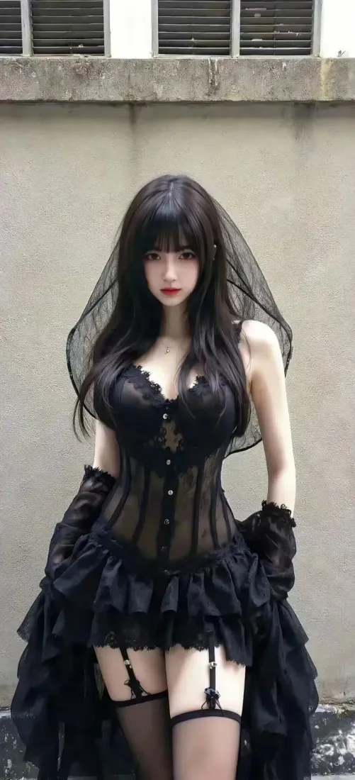 黑衣美女手机壁纸｜暗黑哥特背景图片 - 黑丝吊袜带「哲风壁纸」