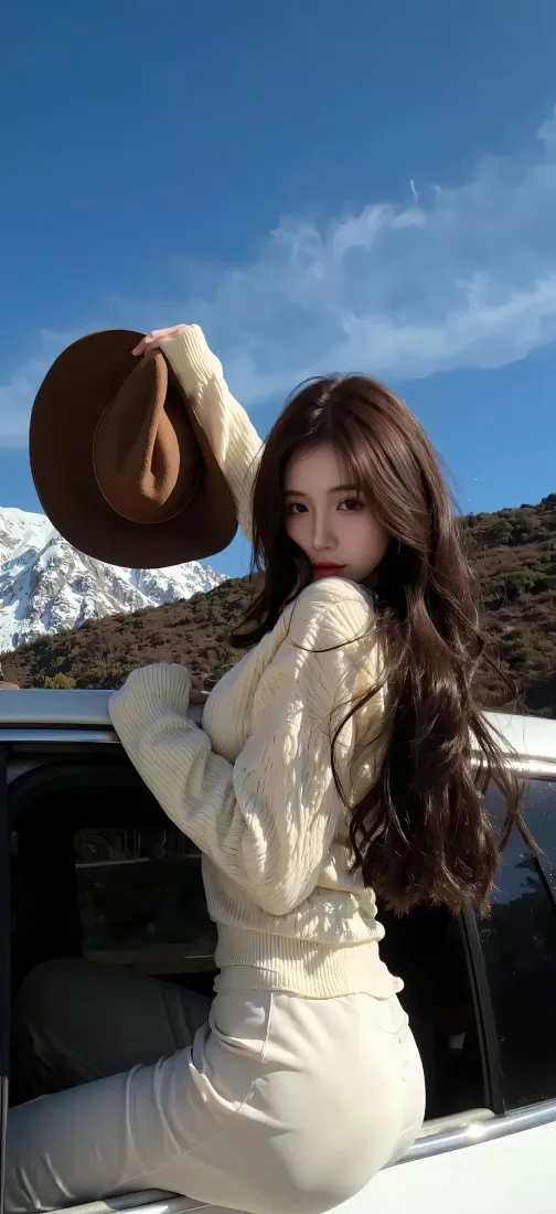美女手机壁纸｜雪山汽车背景 - 米色穿搭「哲风壁纸」