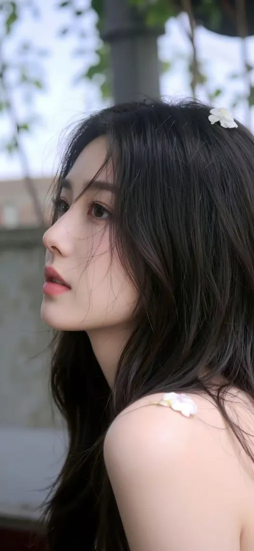 黑发美女手机壁纸｜户外背景图片 - 白色花朵「哲风壁纸」