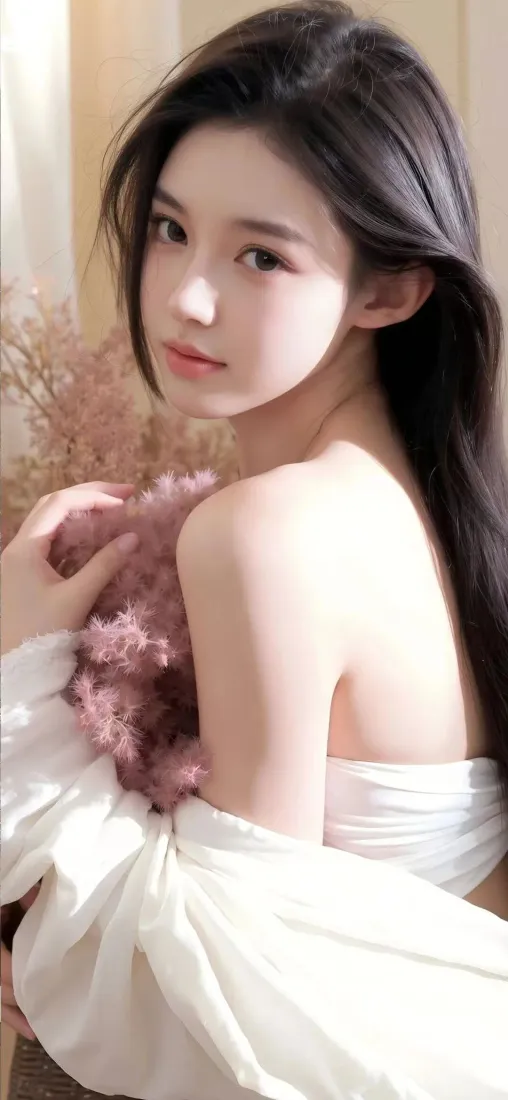 白衣美女手机壁纸｜粉色花背景 - Ios「哲风壁纸」