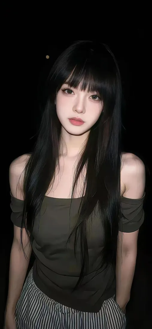 长发美女手机壁纸｜暗黑背景图片 - 露肩上衣「哲风壁纸」