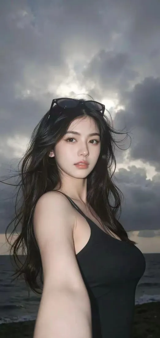 黑衣美女手机壁纸｜海边阴天背景图片 - 墨镜长发「哲风壁纸」