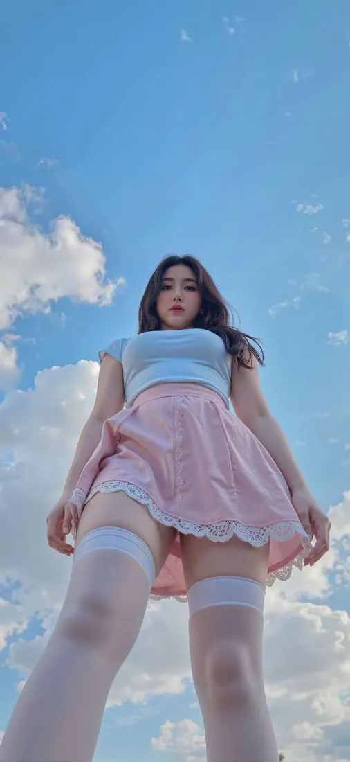 女孩手机壁纸｜蓝天白云背景 - 粉色短裙过膝袜「哲风壁纸」