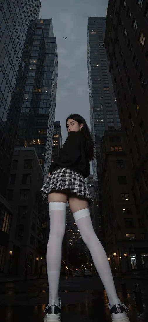 黑衣美女手机壁纸｜城市夜景背景图片 - 格子裙长筒袜「哲风壁纸」