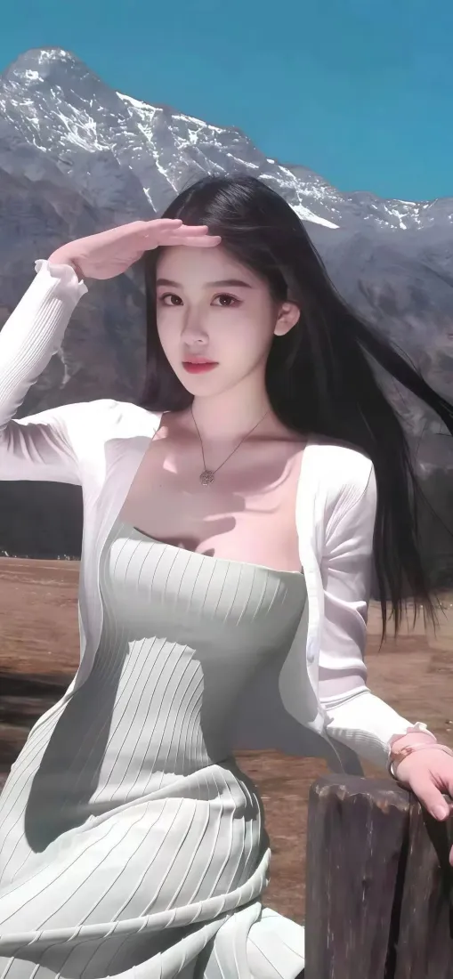 户外美女手机壁纸｜雪山草地背景 - 白衫绿裙「哲风壁纸」