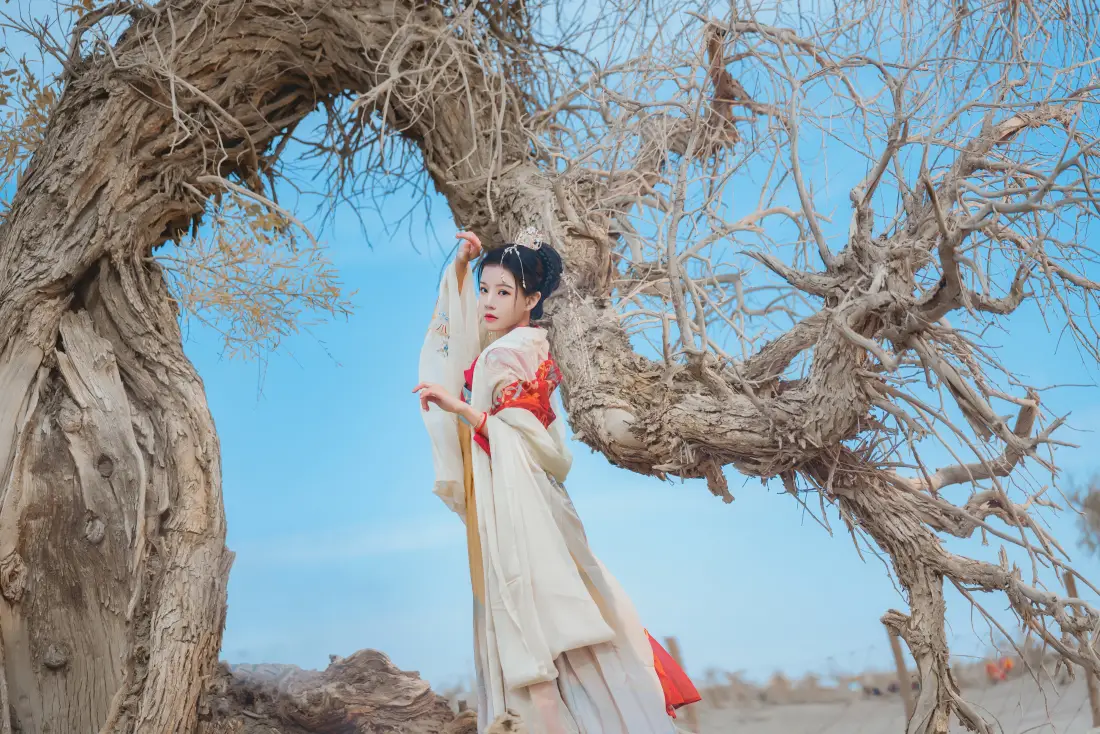 5k古风美女壁纸｜枯树蓝天 - 国风汉服「哲风壁纸」