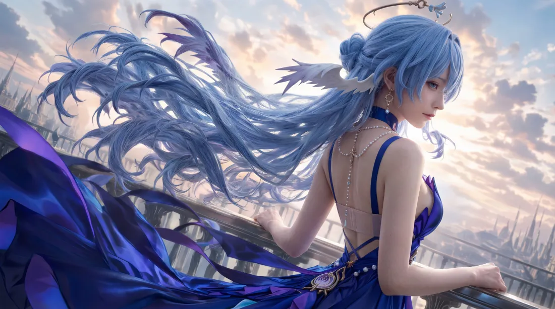 6k蓝发少女壁纸｜城市背景图片 - 天使光环「哲风壁纸」