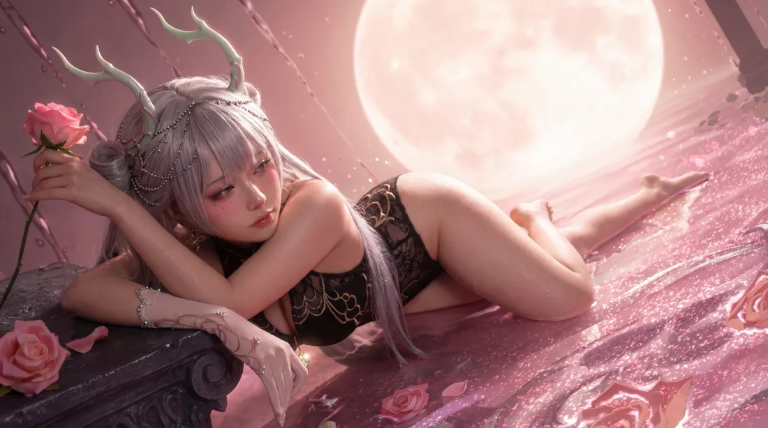 6k银发角娘cos壁纸｜粉月玫瑰背景 - 黑蕾丝「哲风壁纸」