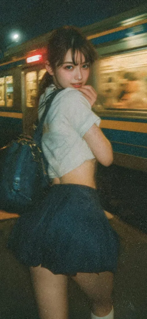 美女夜景手机壁纸｜列车背景图片 - 白衣短裙「哲风壁纸」