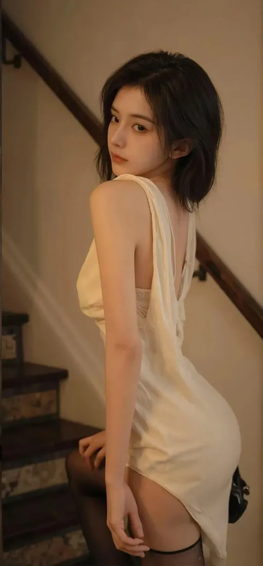 白色连衣裙美女手机壁纸｜楼梯背景 - 黑丝迷人「哲风壁纸」