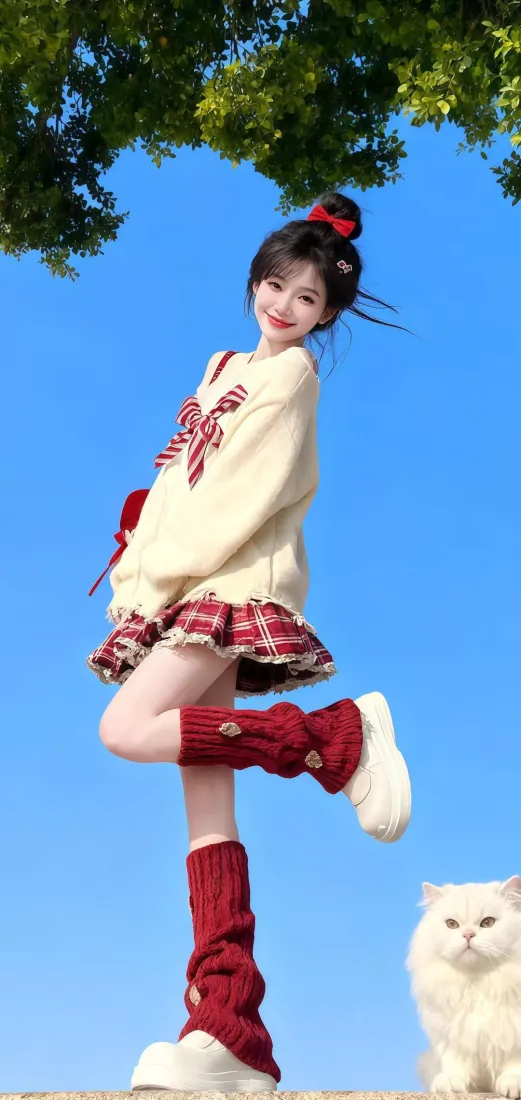 红衣美女手机壁纸｜蓝天背景图片 - 白猫红袜「哲风壁纸」