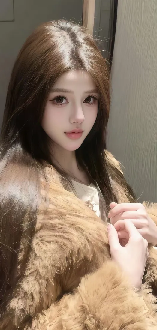 美女手机壁纸｜室内背景图片 - 毛绒外套「哲风壁纸」