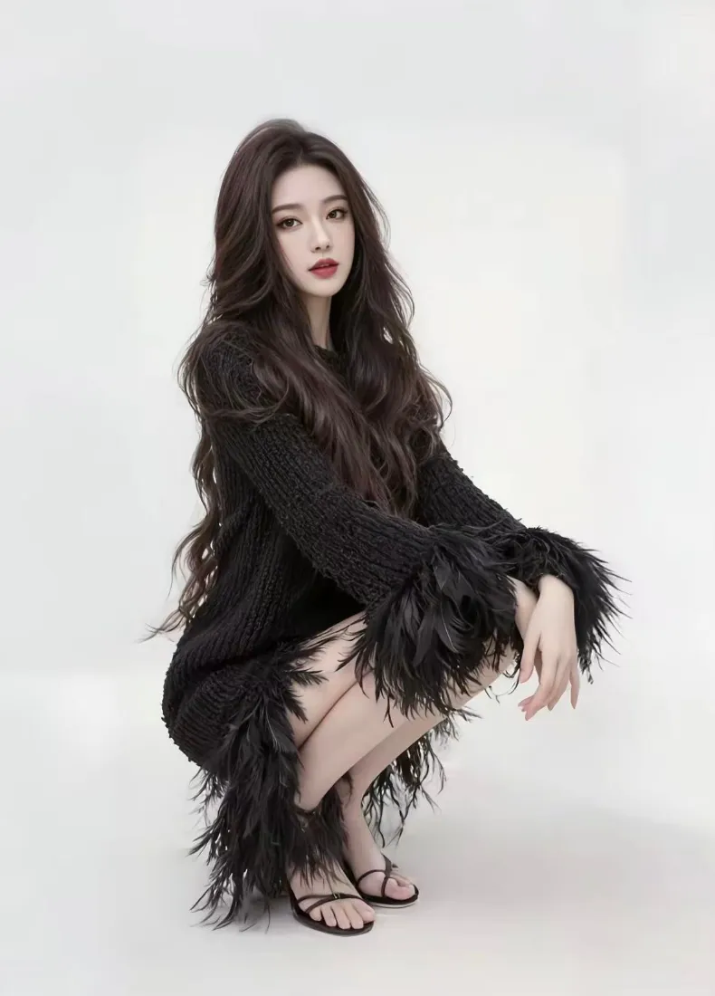 黑衣美女手机壁纸｜白色背景图片 - 羽毛装饰「哲风壁纸」