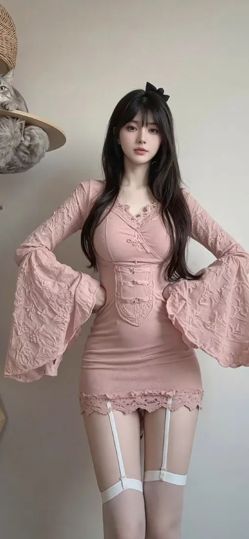 粉色连衣裙手机壁纸｜室内背景图片 - 美女「哲风壁纸」