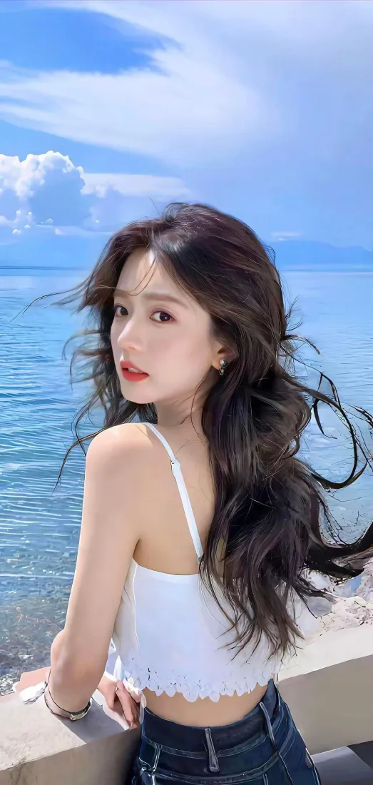 海边美女手机壁纸｜海景背景 - 白吊带牛仔短裤「哲风壁纸」