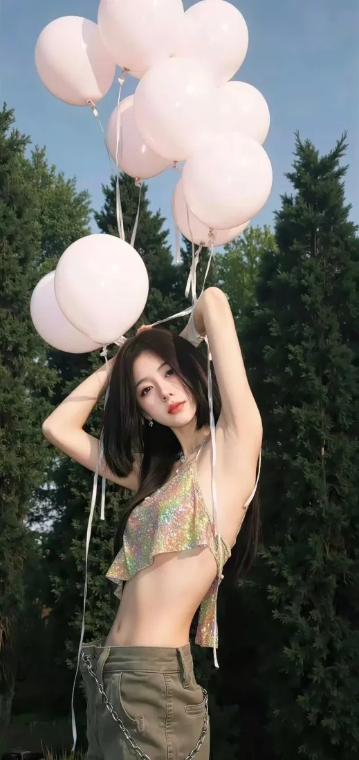 美女手机壁纸｜蓝天绿树背景 - 粉色气球露脐装「哲风壁纸」