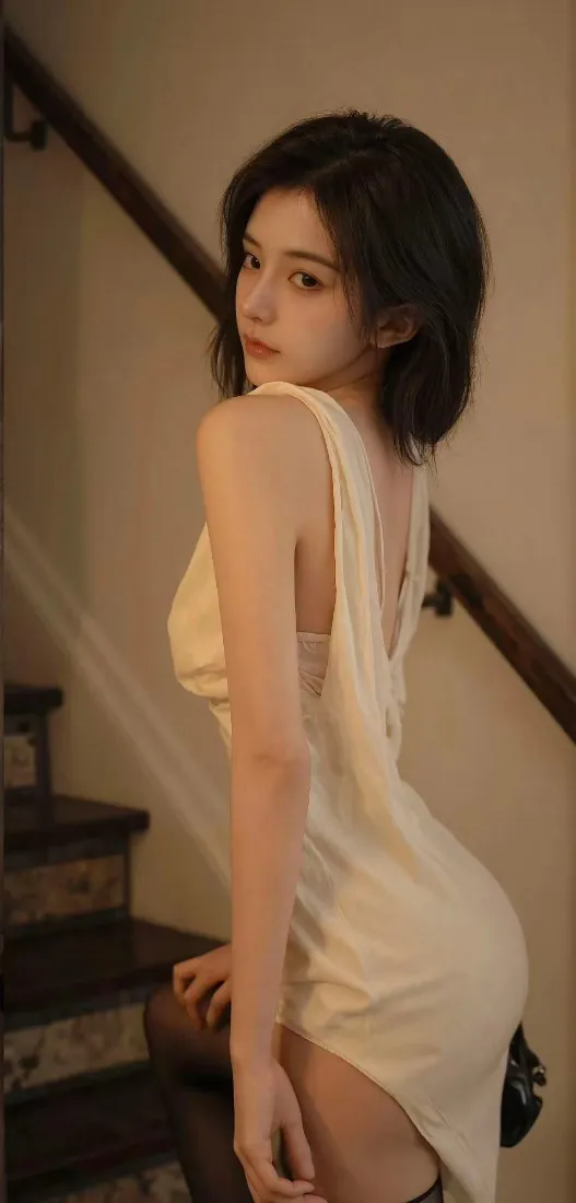 美女手机壁纸｜楼梯背景图片 - 白色连衣裙「哲风壁纸」