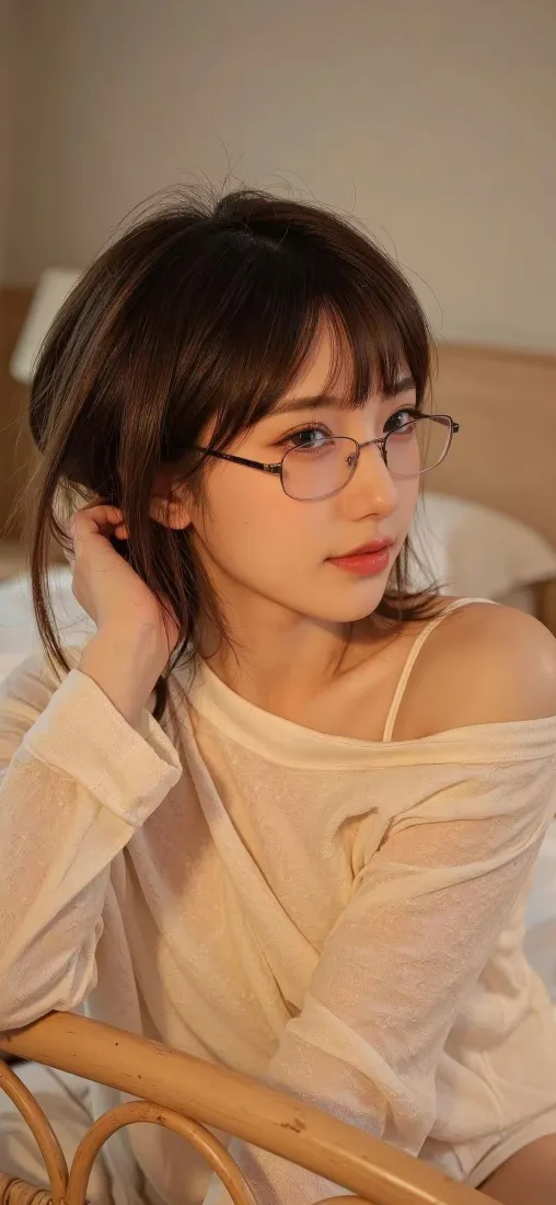 眼镜美女手机壁纸｜居家背景图片 - 白衣美女「哲风壁纸」