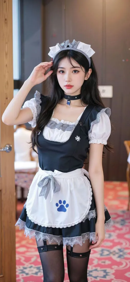 女仆装美女手机壁纸｜室内 - 黑丝猫爪「哲风壁纸」