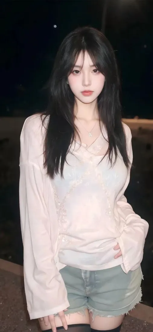 美女手机壁纸｜夜景图 - 浅粉上衣牛仔短裤「哲风壁纸」