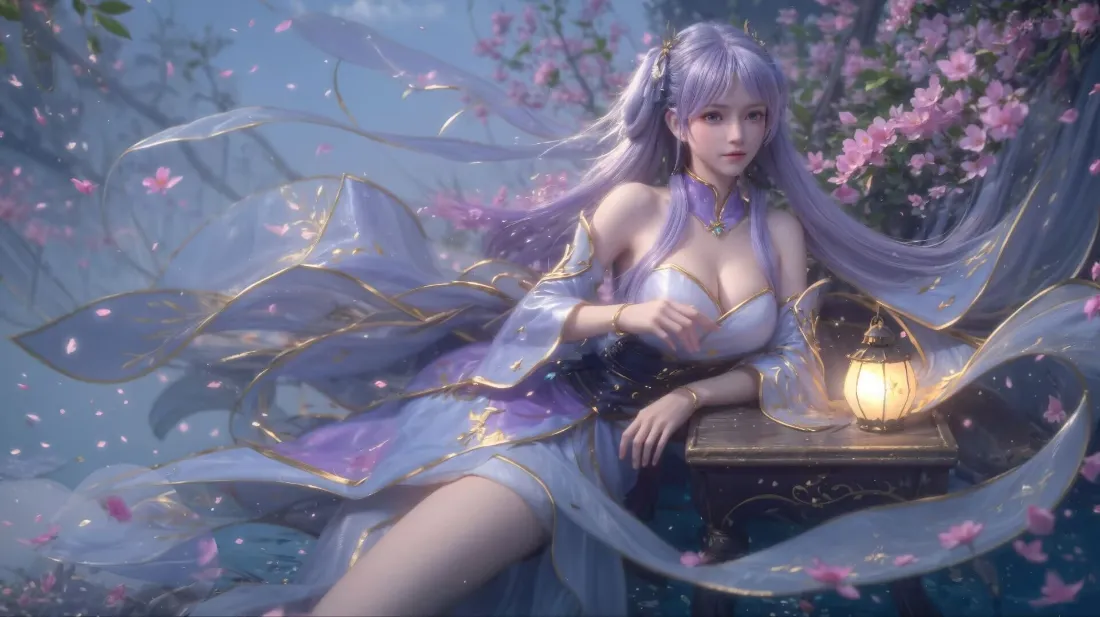 2k古风动漫少女壁纸｜粉色花朵背景 - 紫色头发「哲风壁纸」