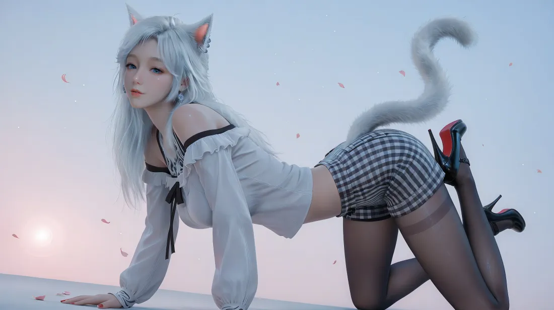 6k银月cos壁纸｜黄昏 - 猫耳黑丝银发「哲风壁纸」