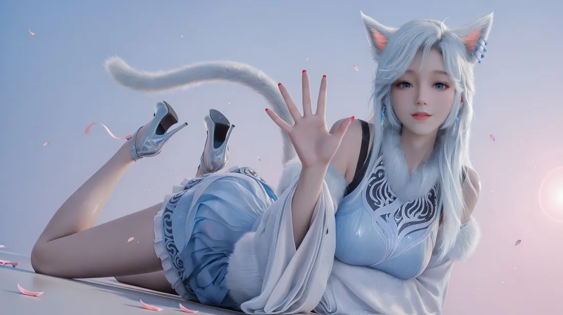 6k银月壁纸｜蓝天背景 - 猫耳白发短裙「哲风壁纸」