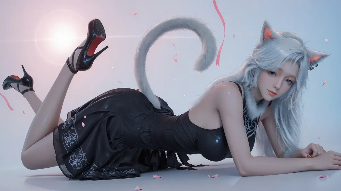 6k银月壁纸｜猫耳娘背景 - 黑色礼服「哲风壁纸」