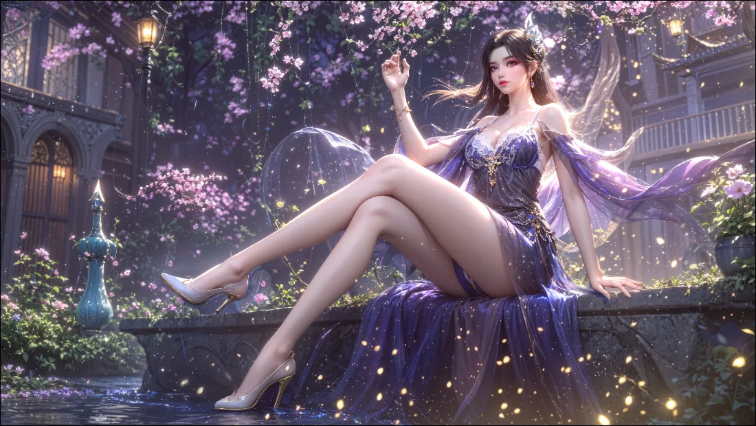 2k美女紫色礼服壁纸｜欧式庭院 - 樱花光点「哲风壁纸」