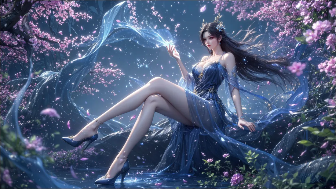 2k二次元美女壁纸｜樱花背景 - 蓝色礼服「哲风壁纸」