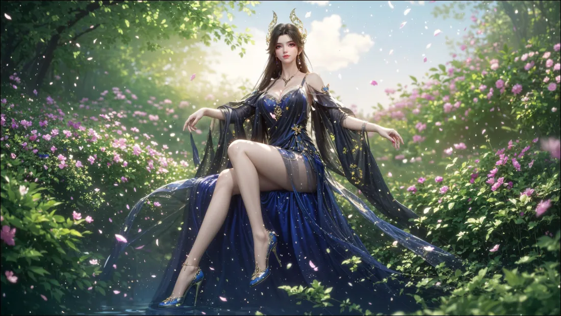 2k蓝色礼服美女壁纸｜花丛 - 梦幻花瓣「哲风壁纸」