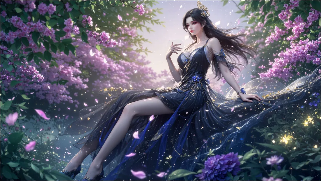 2k古风美女壁纸｜紫色花海背景 - 黑色长裙「哲风壁纸」