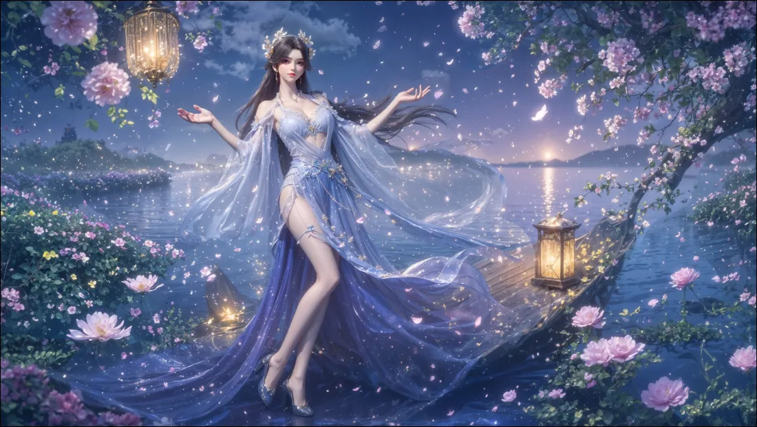 2k古风美女壁纸｜花海夜景背景图片 - 蓝色长裙「哲风壁纸」