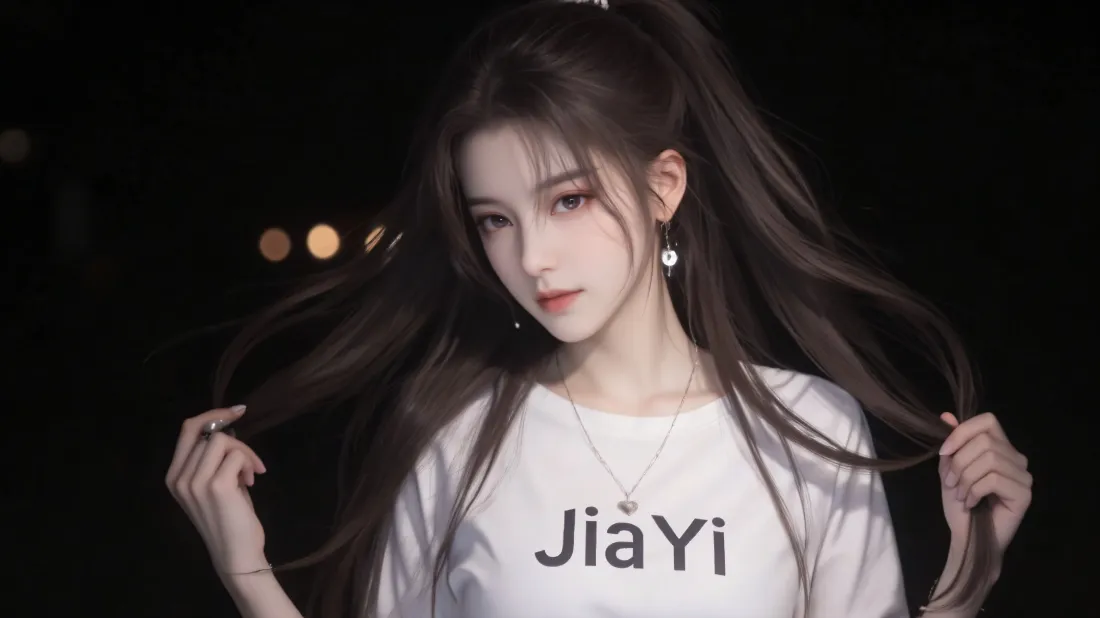8k长发美女壁纸｜夜景背景 - 白色T恤「哲风壁纸」