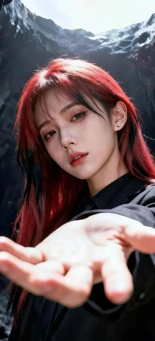 红发美女手机壁纸｜雪山背景 - Ios「哲风壁纸」