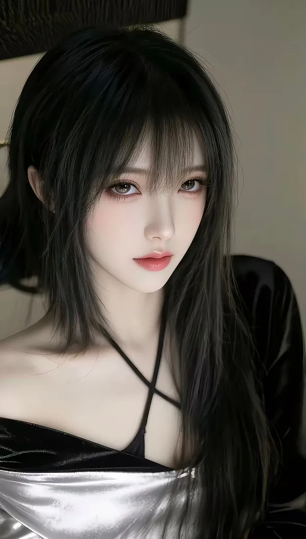 黑衣美女手机壁纸｜精致妆容背景图片 - 长发红唇「哲风壁纸」