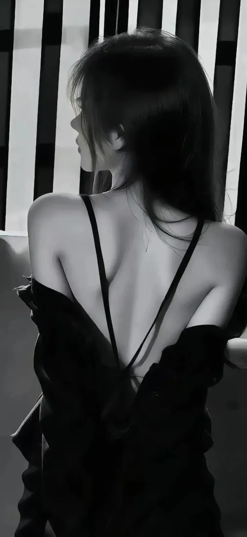 黑衣美女背影手机壁纸｜黑白背景 - 露背性感「哲风壁纸」