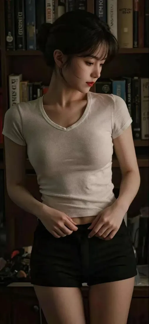 白衣美女手机壁纸｜书架背景图片 - 时尚穿搭「哲风壁纸」